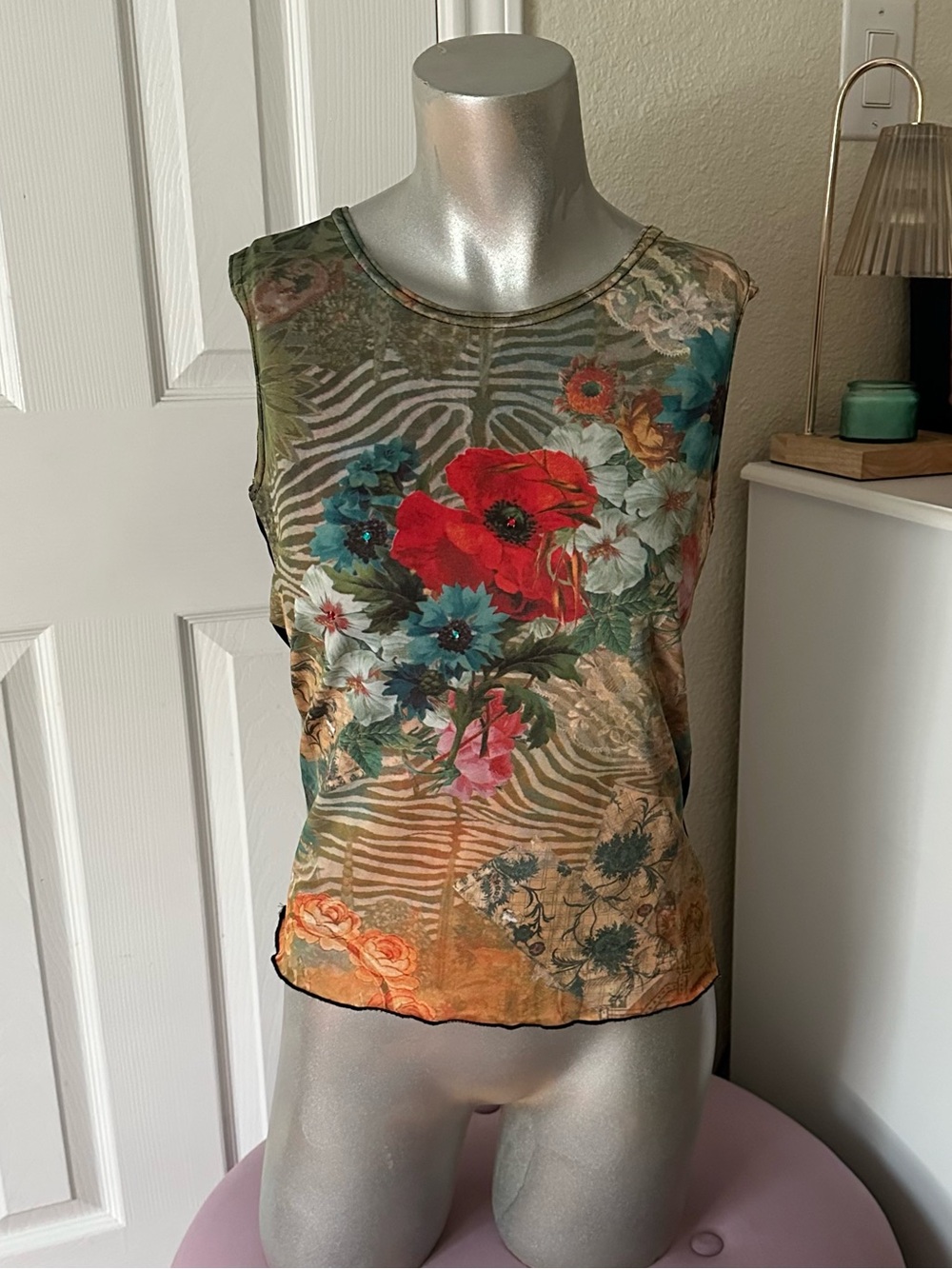Vintage Cactus Flower Zebra & Floral Pattern Graphic Tank